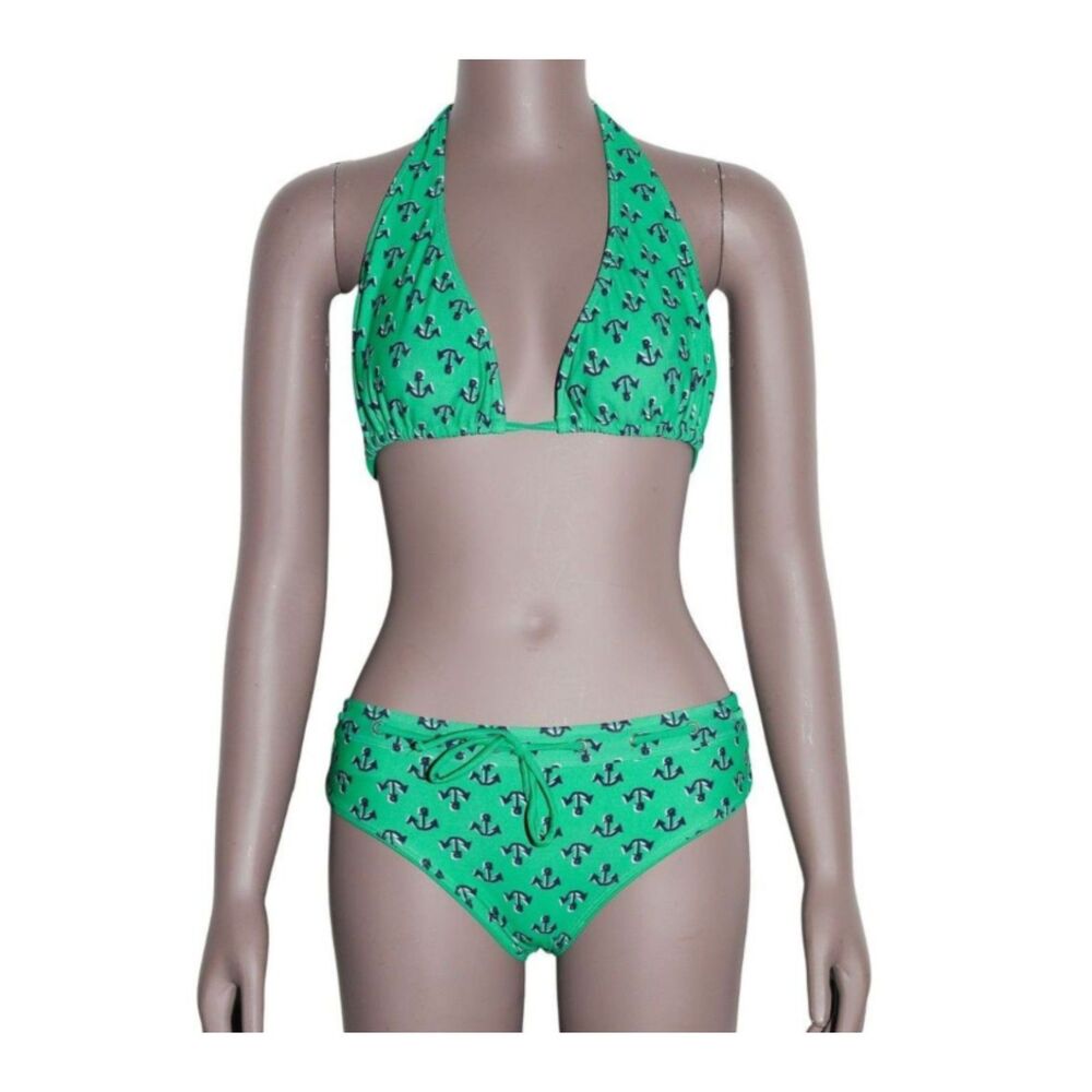 Delias Green Anchor Print Bikini Set Halter Triangle Top Tie Bottom Size M